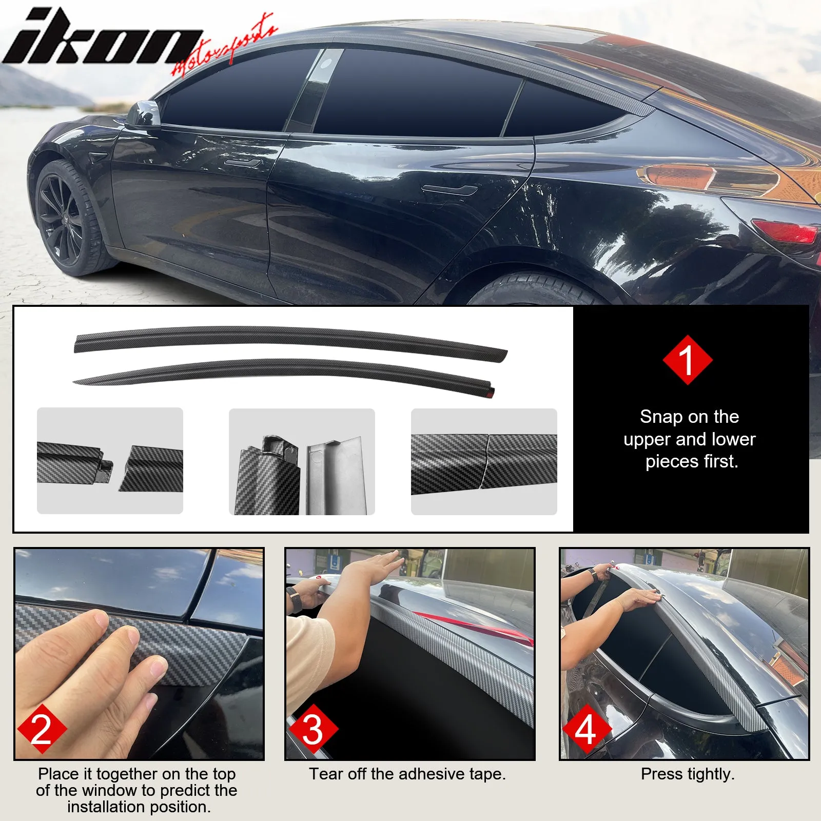 2017-2023 Tesla Model 3 Tape-on Window Visors ABS 4PCS