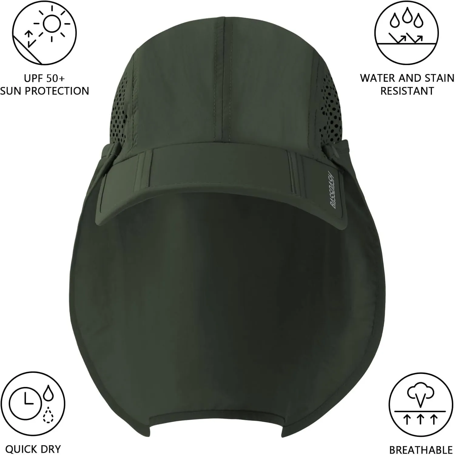 BASSDASH UPF 50  Foldable Fishing Hat Baseball Cap with Removable Neck Flap Portable for Men Women Golf Hiking
