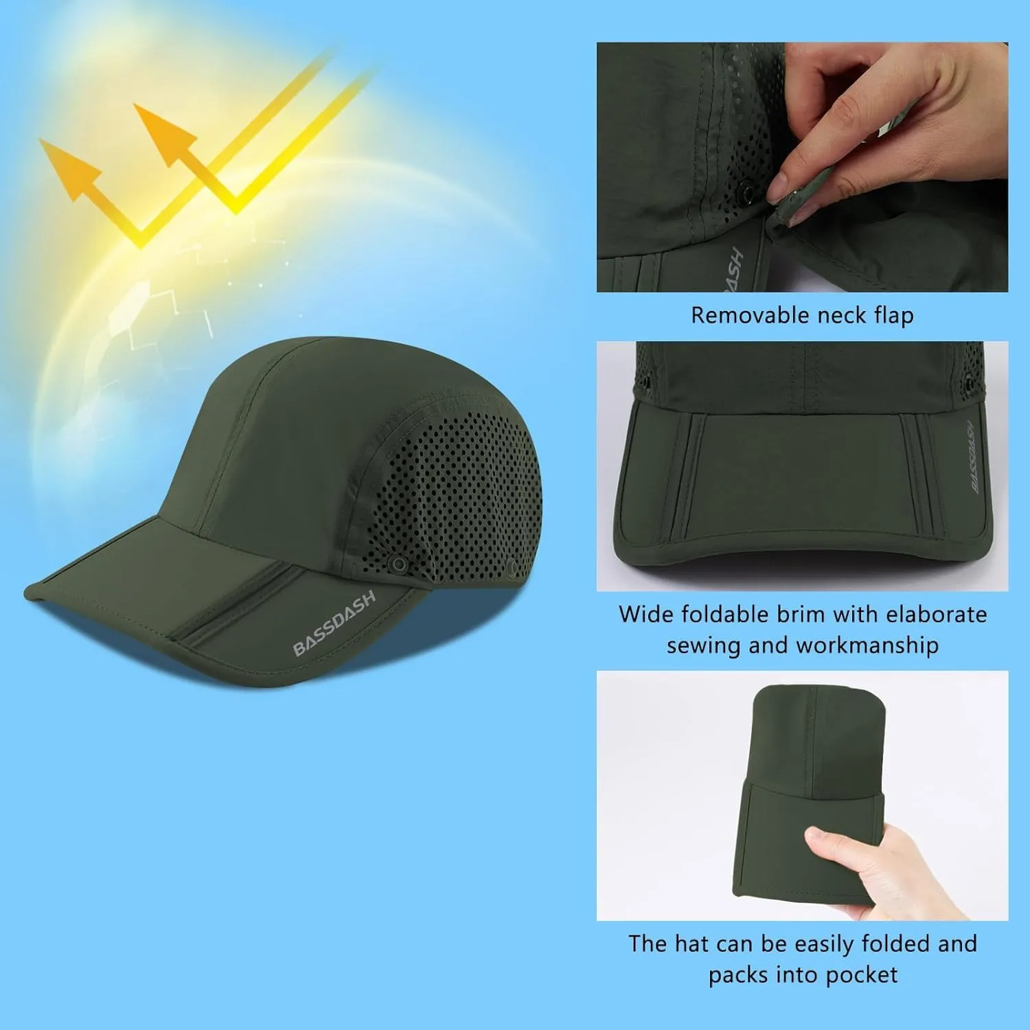 BASSDASH UPF 50  Foldable Fishing Hat Baseball Cap with Removable Neck Flap Portable for Men Women Golf Hiking