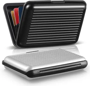 BBTO 2 Pieces Credit Card Holder Slim Mini Rfid Blocking Credit Card Protector Aluminum Business Box Metal ID Organizer Wallet with 6 Slots for Women Men(Black, Silver)