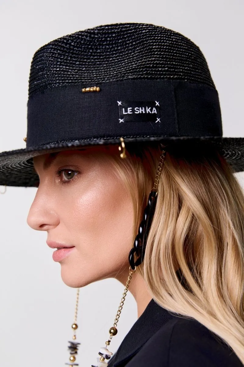 BLACK FEDORA WITH SHELLS AND 24K GOLD-PLATED ACCESSORIES