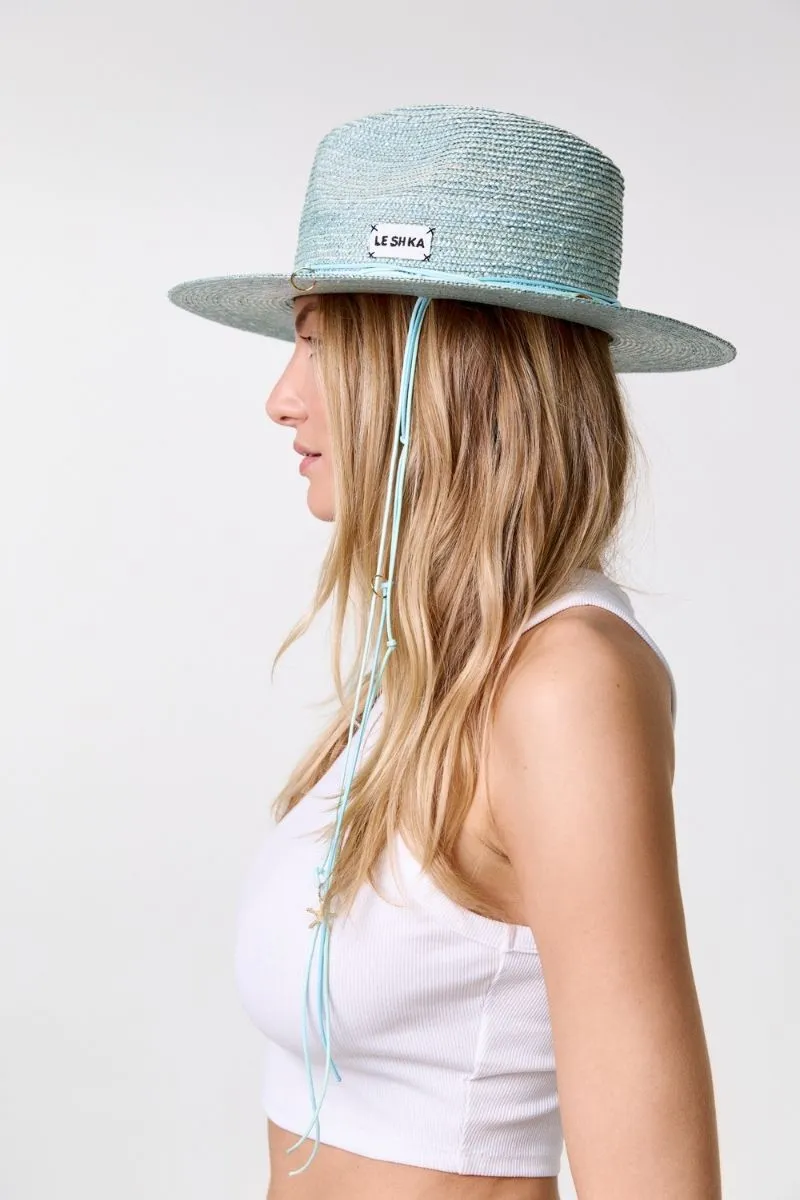 BLUE FEDORA WITH SHELLS AND 24K GOLD-PLATED ACCESSORIES