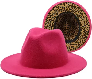 Cap New Thickened Men and Women Top Hats, Two Color Jazz Hats, Big Brim Double-Sided Woolen Leopard Texture Inner Felt Hat Fengyan Cowboy Hats (Color : Rosy, Size : 56-58cm)
