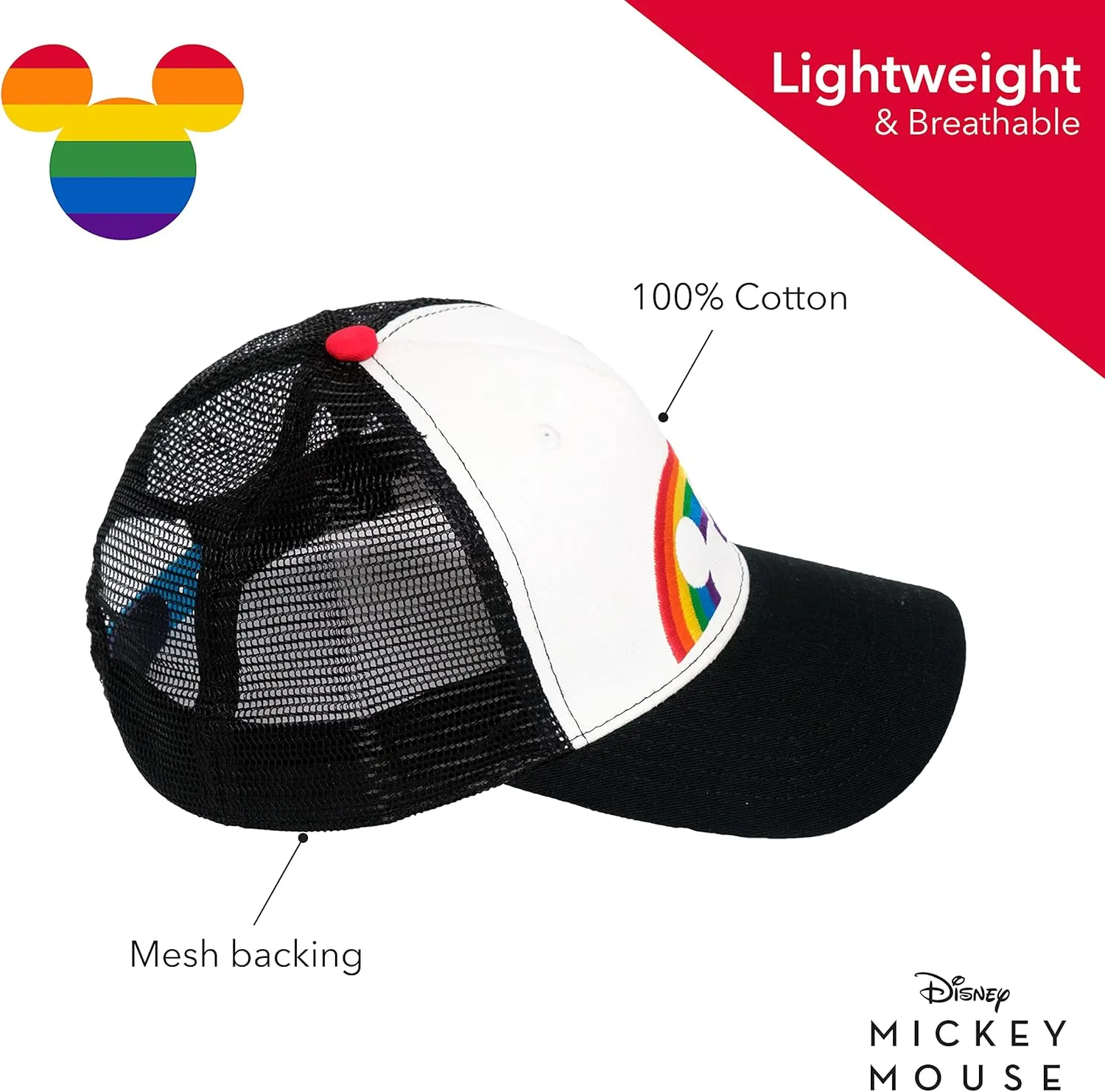 Concept One Disney Mickey Mouse Trucker Hat, Rainbow Pride Mesh Back Snapback Baseball Cap