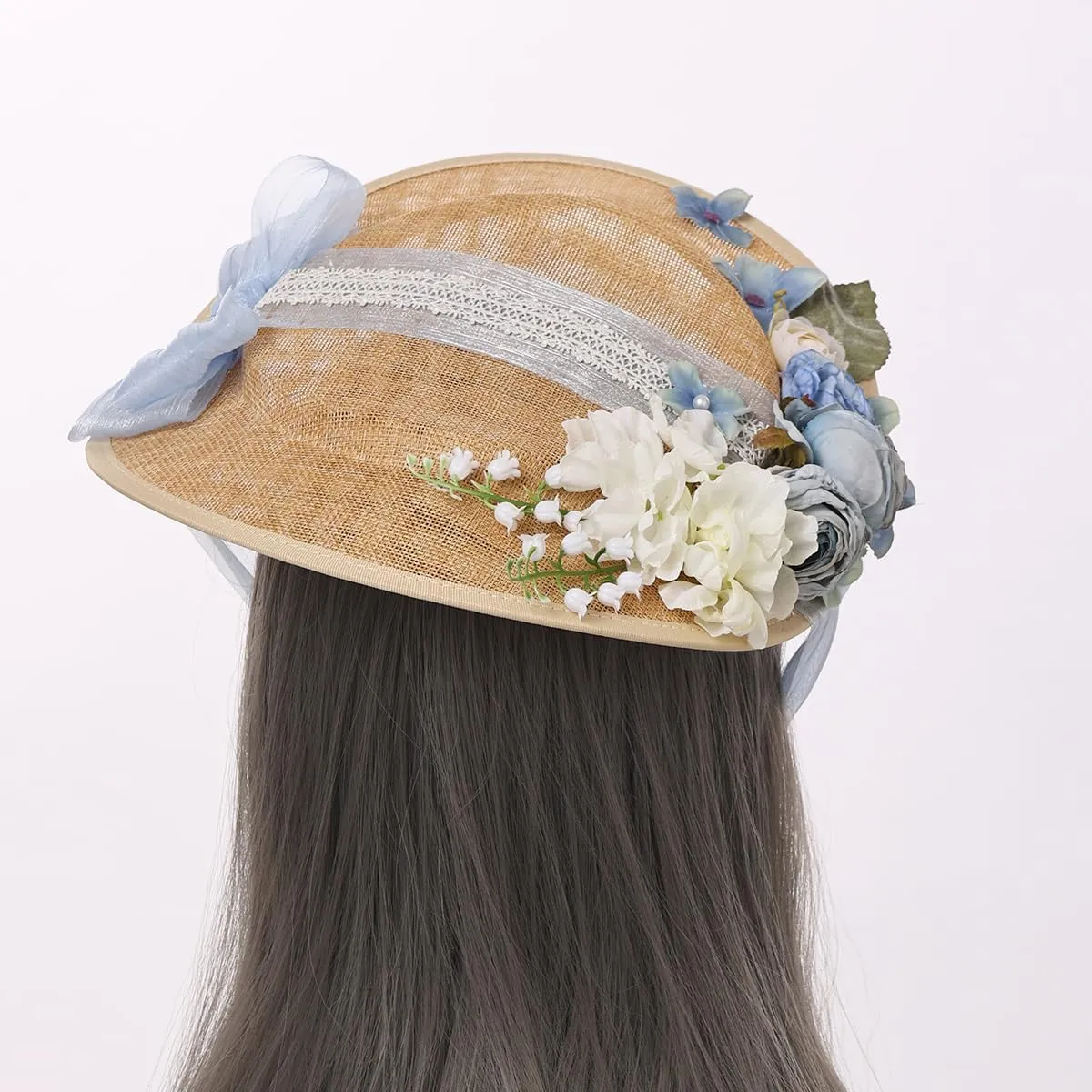 COSDREAMER Girls Women Tea Party Sun Hat Lace Ribbons Straw Hats Small Hat