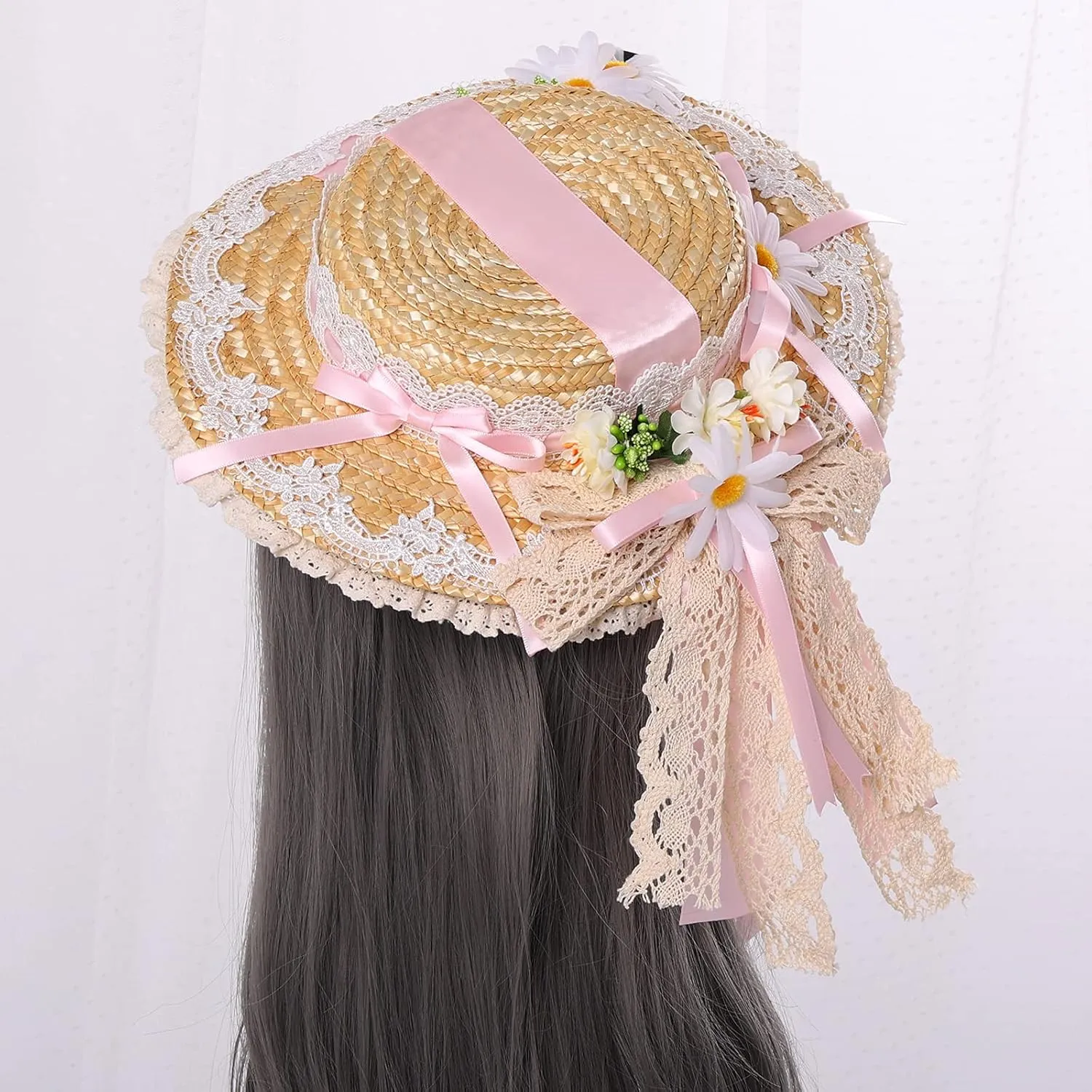 COSDREAMER Girls Women Tea Party Sun Hat Lace Ribbons Straw Hats Small Hat