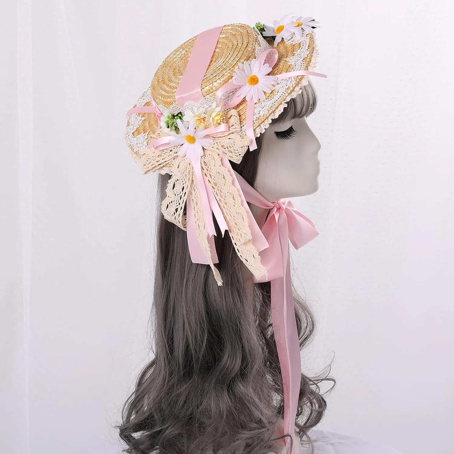 COSDREAMER Girls Women Tea Party Sun Hat Lace Ribbons Straw Hats Small Hat
