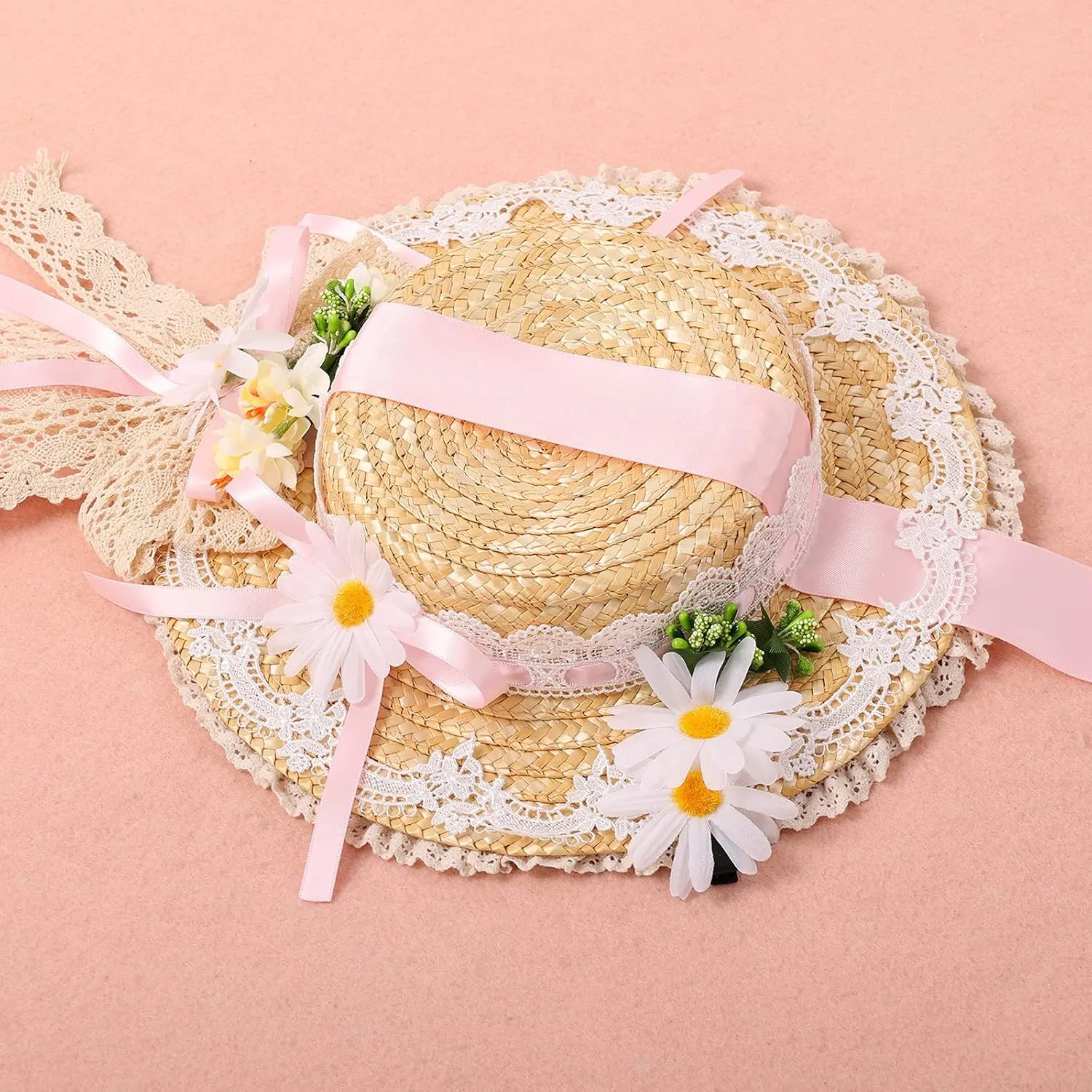 COSDREAMER Girls Women Tea Party Sun Hat Lace Ribbons Straw Hats Small Hat