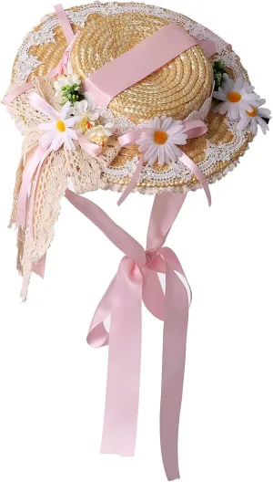 COSDREAMER Girls Women Tea Party Sun Hat Lace Ribbons Straw Hats Small Hat