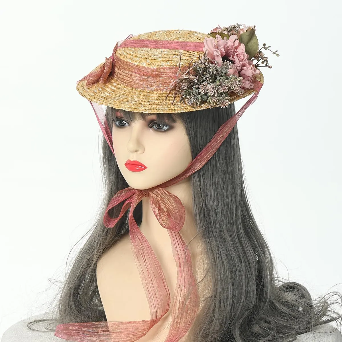 COSDREAMER Girls Women Tea Party Sun Hat Lace Ribbons Straw Hats Small Hat