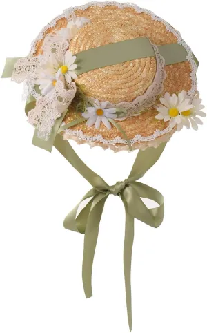 COSDREAMER Girls Women Tea Party Sun Hat Lace Ribbons Straw Hats Small Hat