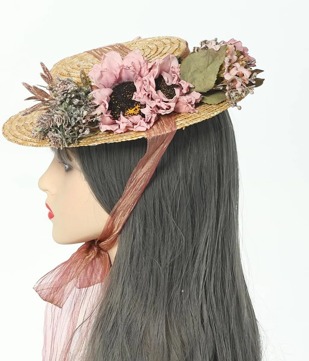 COSDREAMER Girls Women Tea Party Sun Hat Lace Ribbons Straw Hats Small Hat