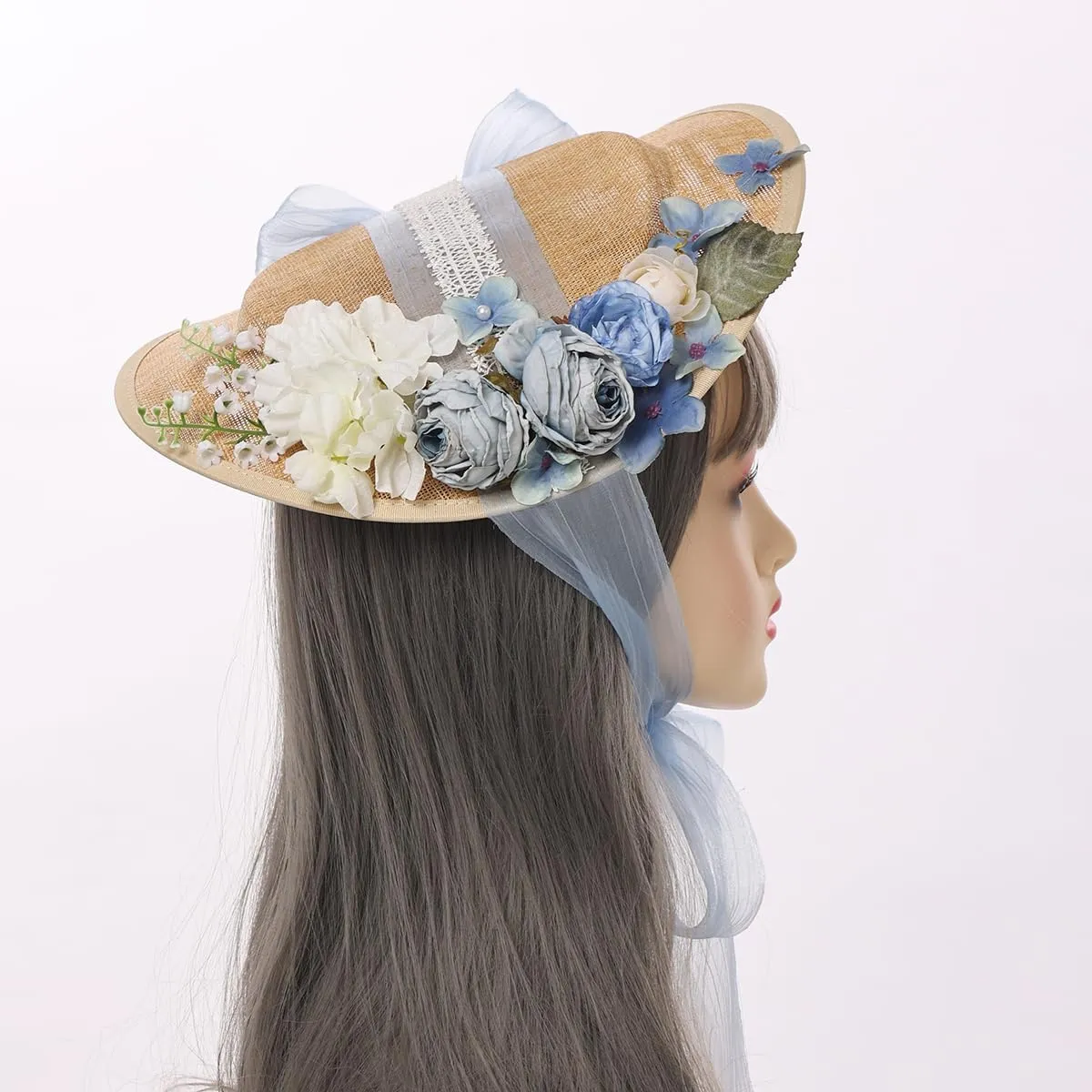 COSDREAMER Girls Women Tea Party Sun Hat Lace Ribbons Straw Hats Small Hat