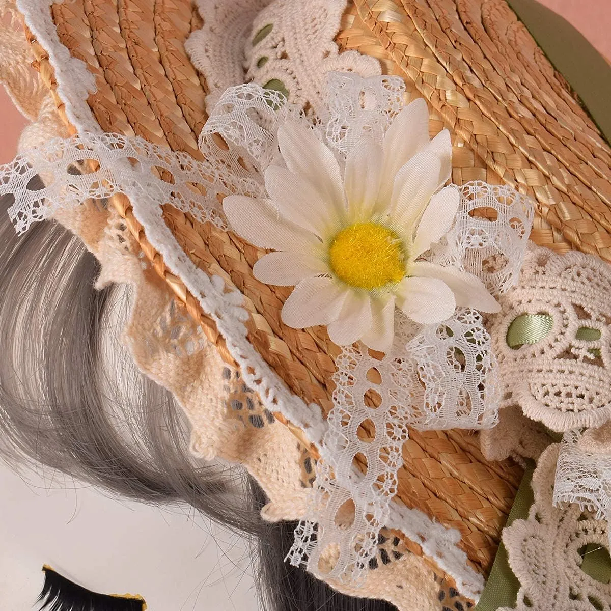 COSDREAMER Girls Women Tea Party Sun Hat Lace Ribbons Straw Hats Small Hat