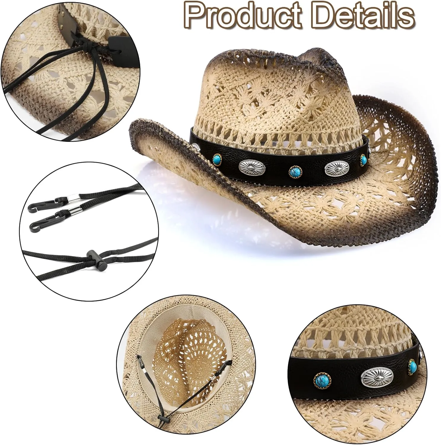 Cowboy Hat,Cowgirl Hat,Cowboy Hats for Women/Mens/Straw Wide with Shapeable Brim Cowboy Hat for Womens/White/Black.