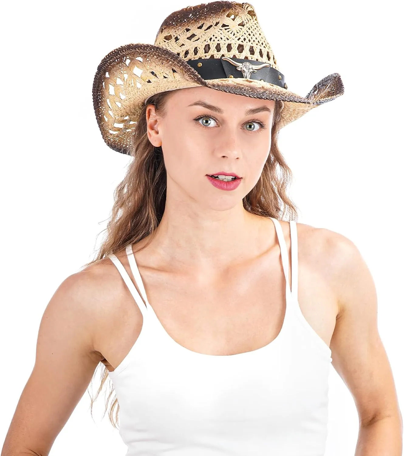 Cowboy Hat,Cowgirl Hat,Cowboy Hats for Women/Mens/Straw Wide with Shapeable Brim Cowboy Hat for Womens/White/Black.