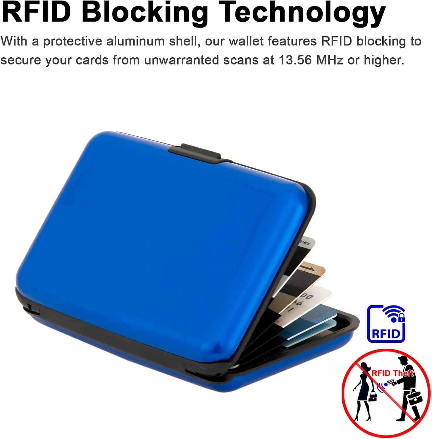 Credit Card Holder, RFID Blocking Metal Card Wallet for Women Men Slim ID Card Holders Protector Aluminum Business Hard Case (Blue)