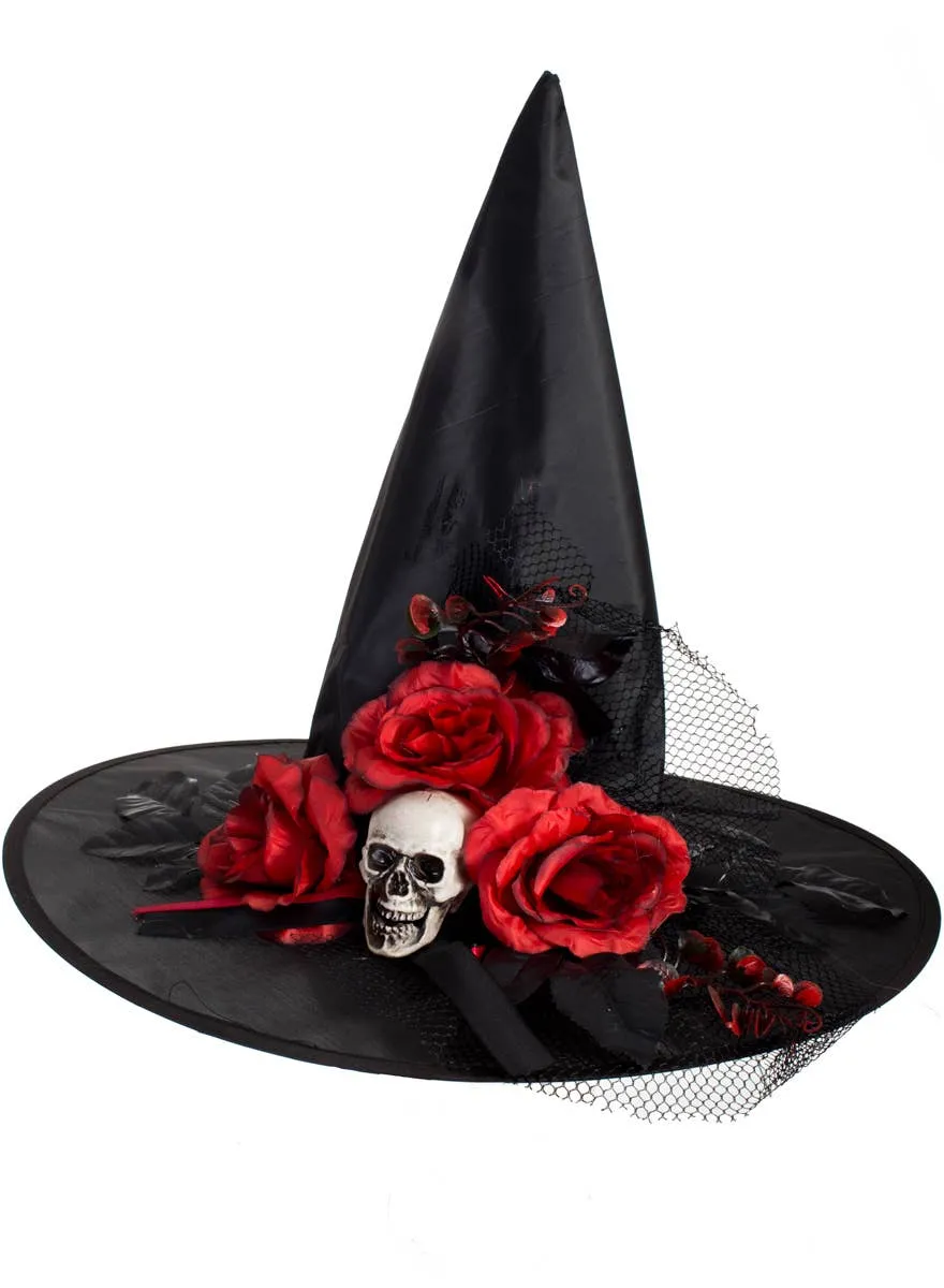 Deluxe Black Witch Costume Hat with Red Roses and Skull
