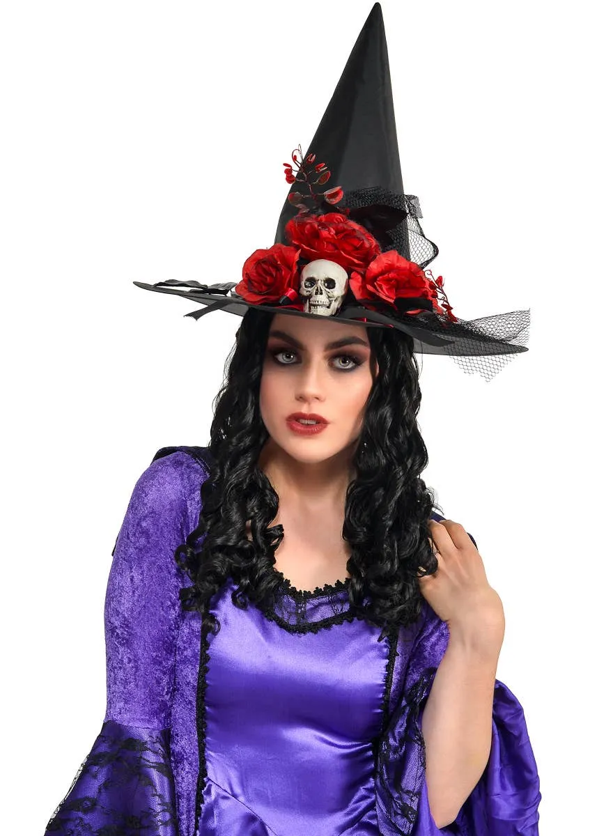 Deluxe Black Witch Costume Hat with Red Roses and Skull