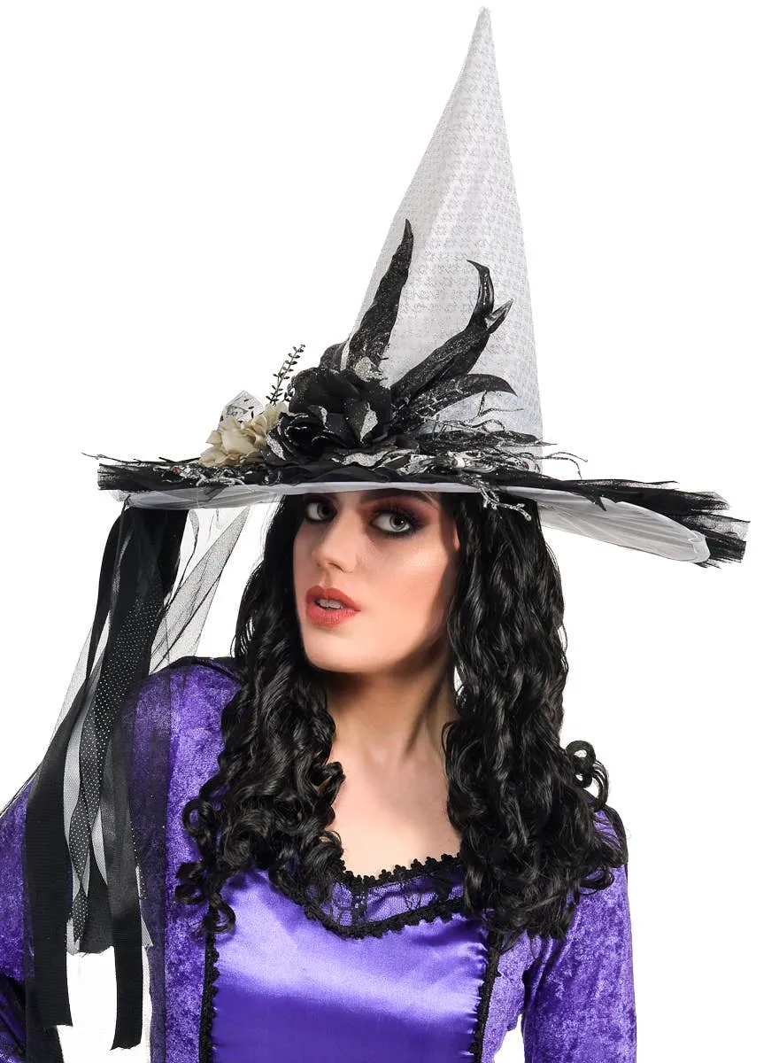 Deluxe White Witch Hat with Skull Mesh and Glitter