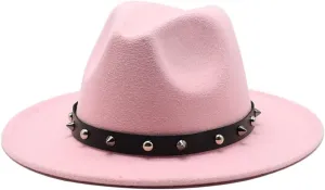DHAEY European and American Style Woolen Hat Autumn and Winter Black Hat with Big Brim Rivet Belt Buckle Jazz Felt Hat Luopan Caps & Hats(Rose Red)
