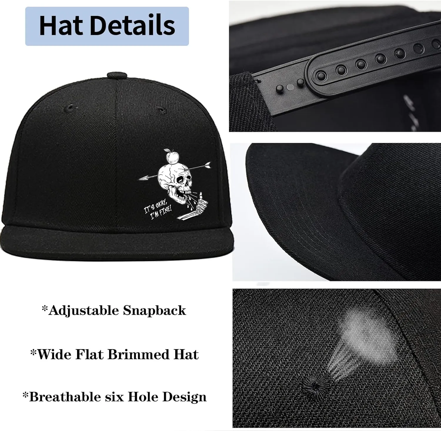 Flat Bill Hats for Men Skull Skeleton Snapback Hats for Men Fitted Adjustable Baseball Caps Black Cool Hip Hop caps