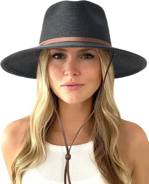 FURTALK Womens Summer Straw Sun Hats Wide Brim Panama Fedora Beach Hat with Wind Lanyard UPF 80 