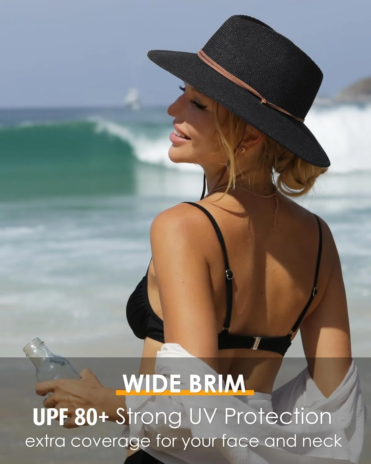 FURTALK Womens Summer Straw Sun Hats Wide Brim Panama Fedora Beach Hat with Wind Lanyard UPF 80 