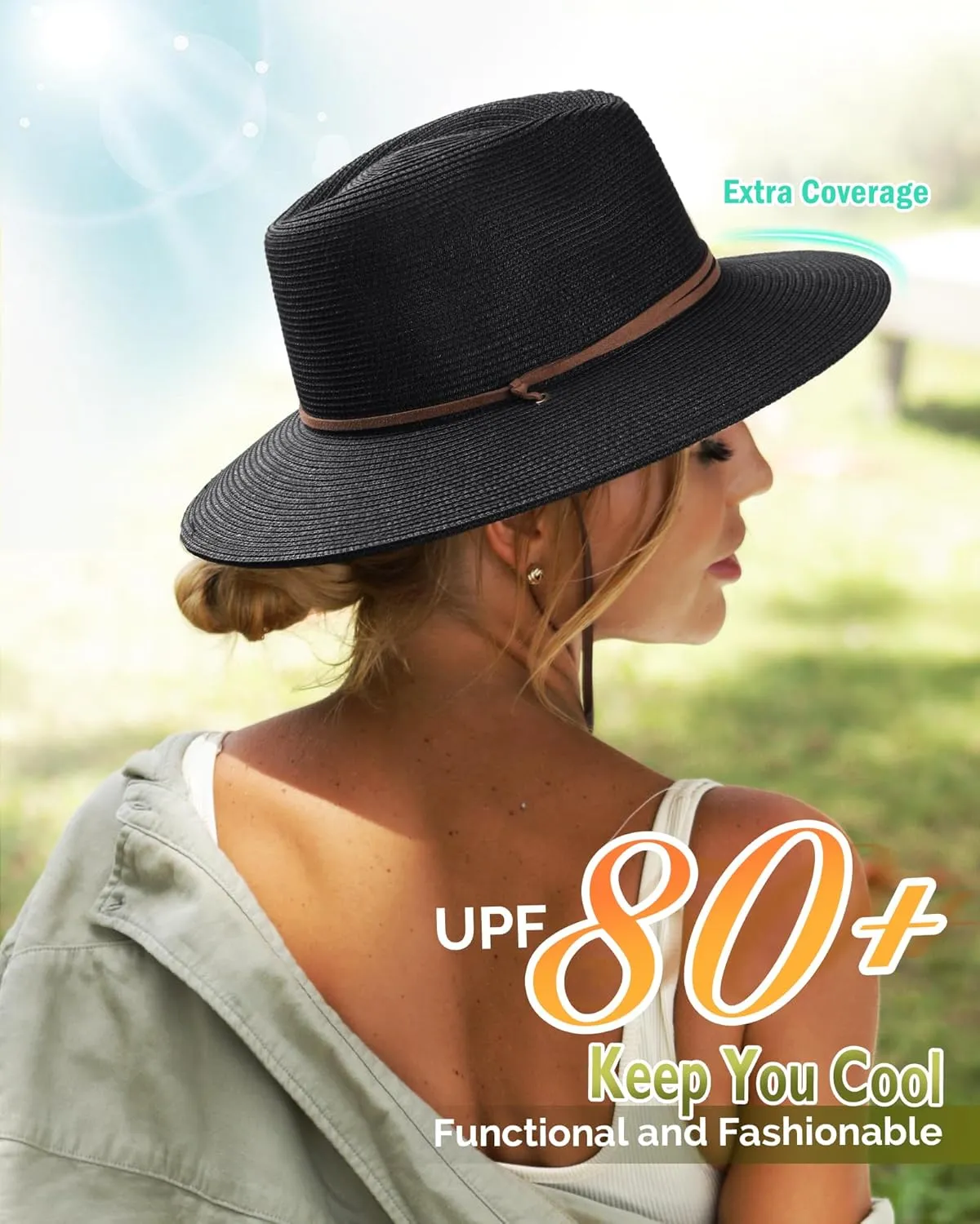 FURTALK Womens Summer Straw Sun Hats Wide Brim Panama Fedora Beach Hat with Wind Lanyard UPF 80 