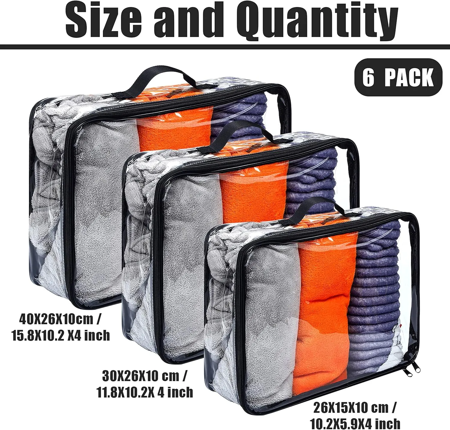 Hillban 6 Pcs Black Large Clear Travel Packing Cube 3 Sizes See Through PVC Organizer for Suitcase Multipurpose Pouch with Handle Vinyl Zippered Storage Bags Luggage Cube Organizer