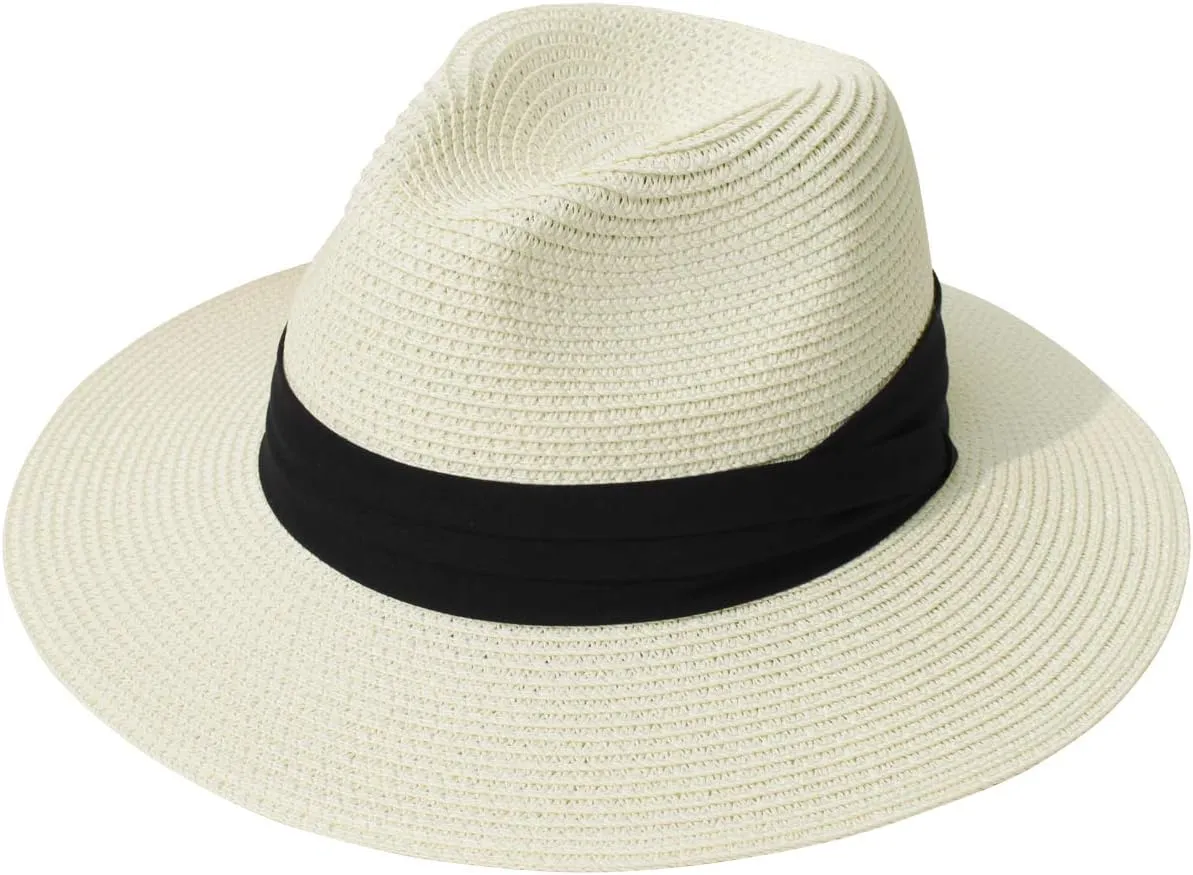 Lanzom Women Wide Brim Straw Panama Roll up Hat Fedora Beach Sun Hat UPF50 