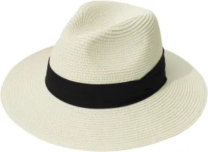 Lanzom Women Wide Brim Straw Panama Roll up Hat Fedora Beach Sun Hat UPF50 