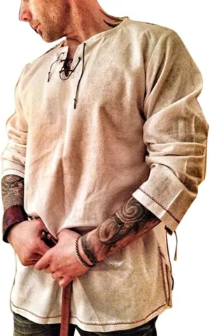 Men's Fashion Cotton Linen Shirt Long Sleeve Solid Color Ethnic Beach Yoga Top