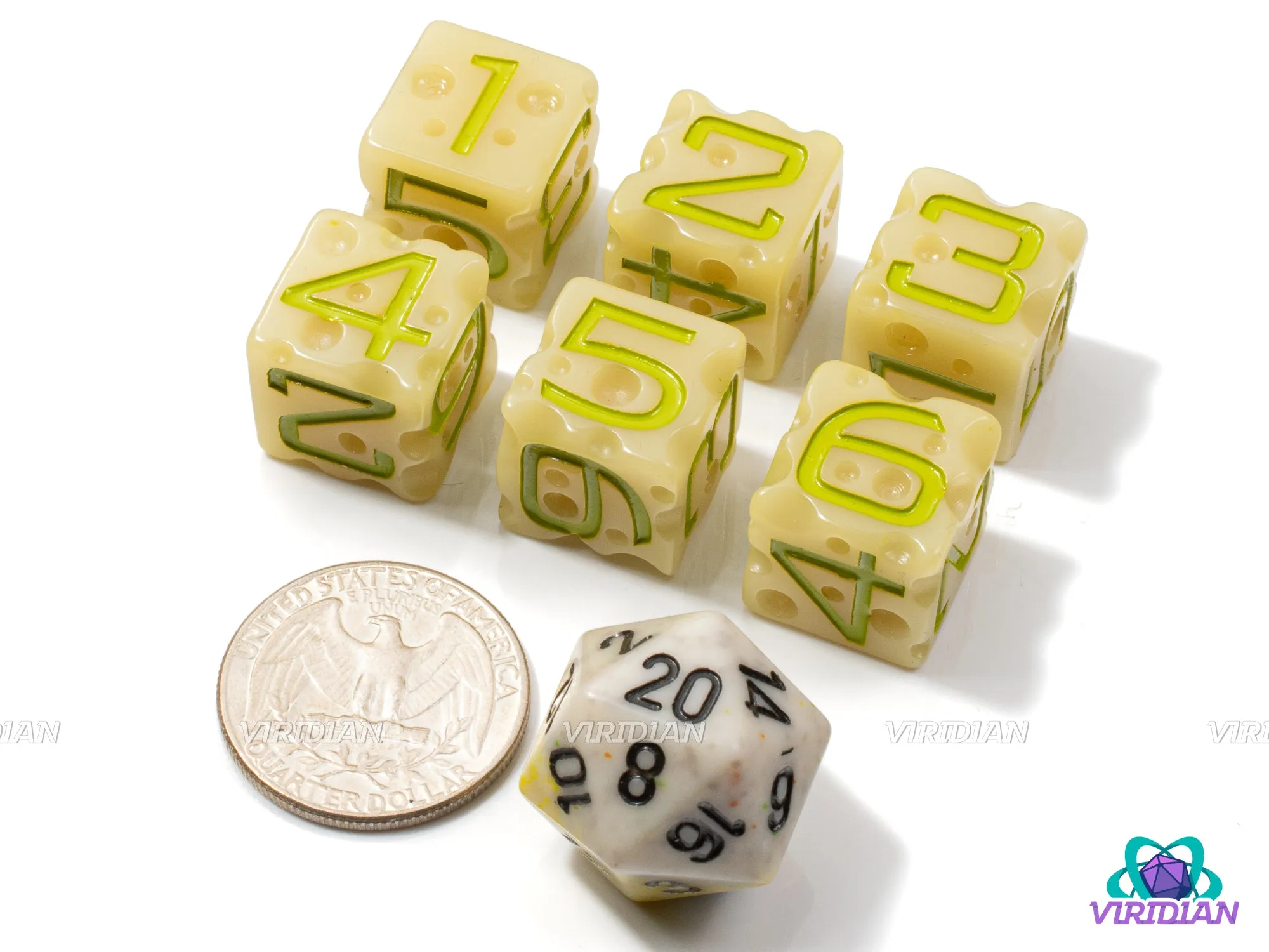 Oops! Moldy Cheese D6s (Set of 6) | Spoiled Dice, Rotten Olive Green, White-Light Yellow w Swiss "Holes", Spoiled, Lactose-Free | Resin D6 Set
