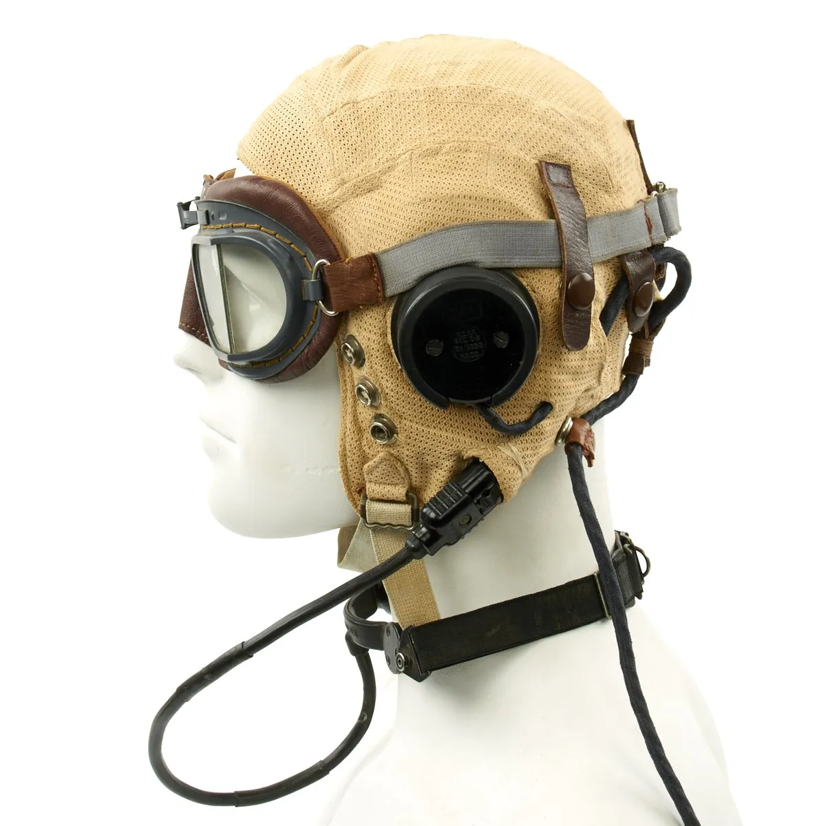 Original British WWII RAF Type E Flying Helmet with Mk VIII Goggles and Throat Microphone