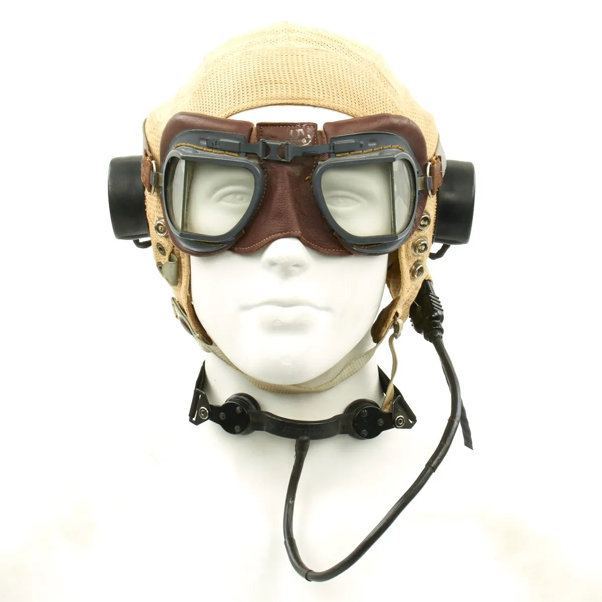Original British WWII RAF Type E Flying Helmet with Mk VIII Goggles and Throat Microphone
