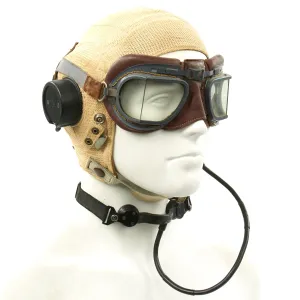Original British WWII RAF Type E Flying Helmet with Mk VIII Goggles and Throat Microphone
