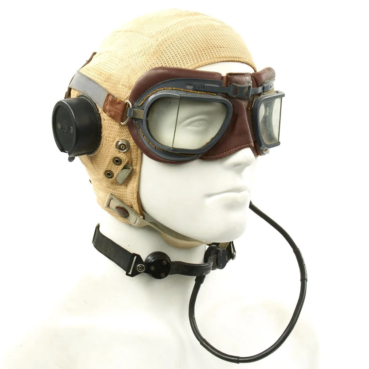 Original British WWII RAF Type E Flying Helmet with Mk VIII Goggles and Throat Microphone