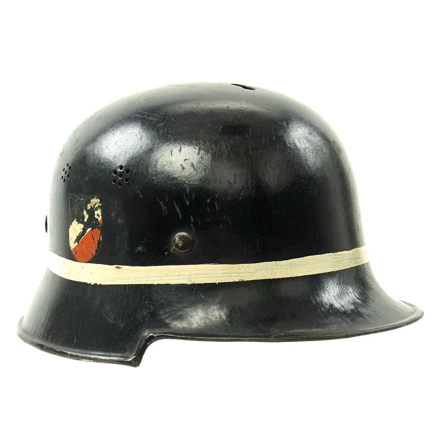 Original German WWII M34 Square Dip Luftwaffe Fire Brigade Crash Crew Helmet with Double Decals