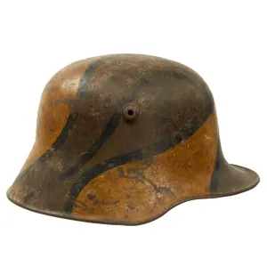 Original Imperial German WWI M16 Stahlhelm Helmet with Panel Camouflage Paint and Partial Leather Liner - Marked ET64