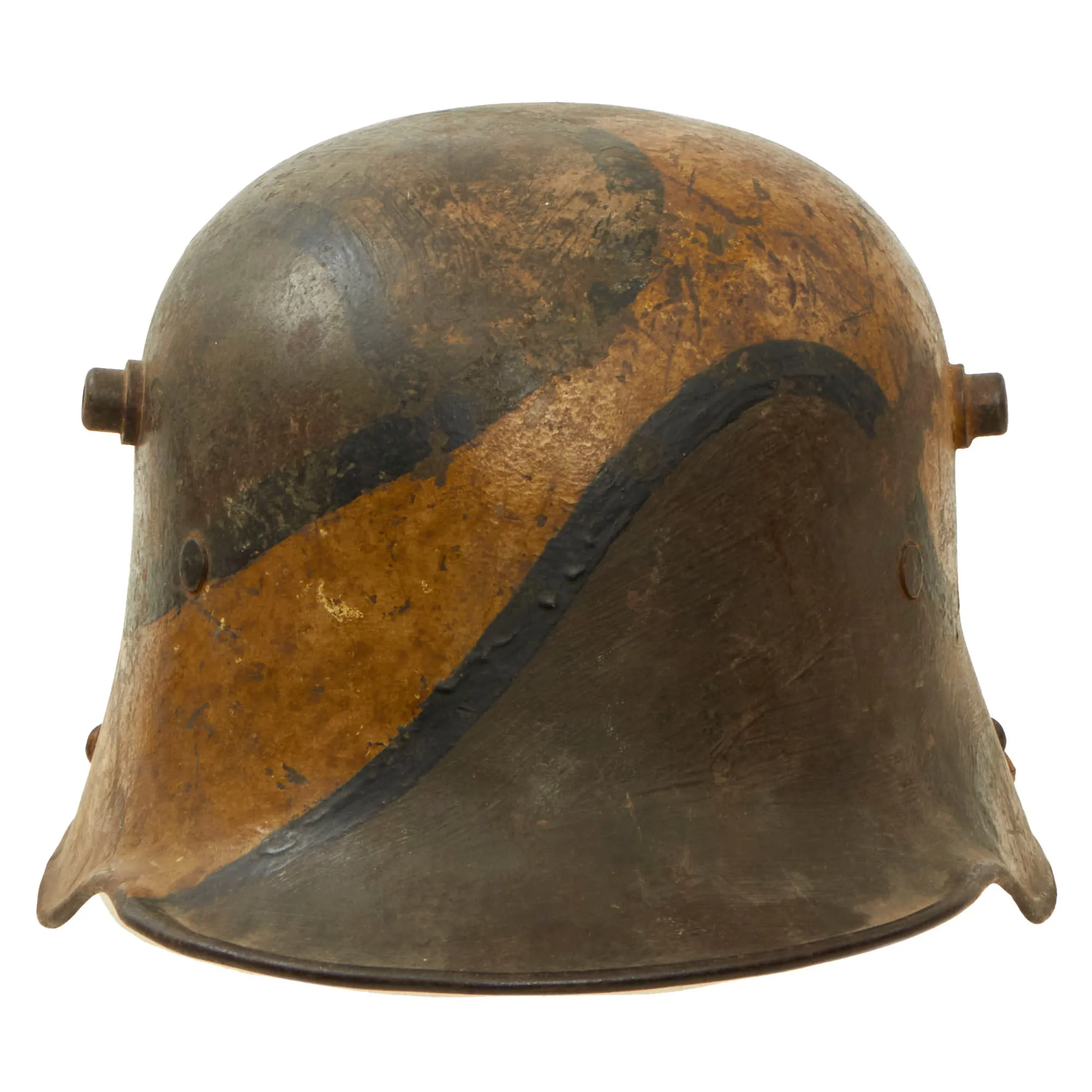 Original Imperial German WWI M16 Stahlhelm Helmet with Panel Camouflage Paint and Partial Leather Liner - Marked ET64
