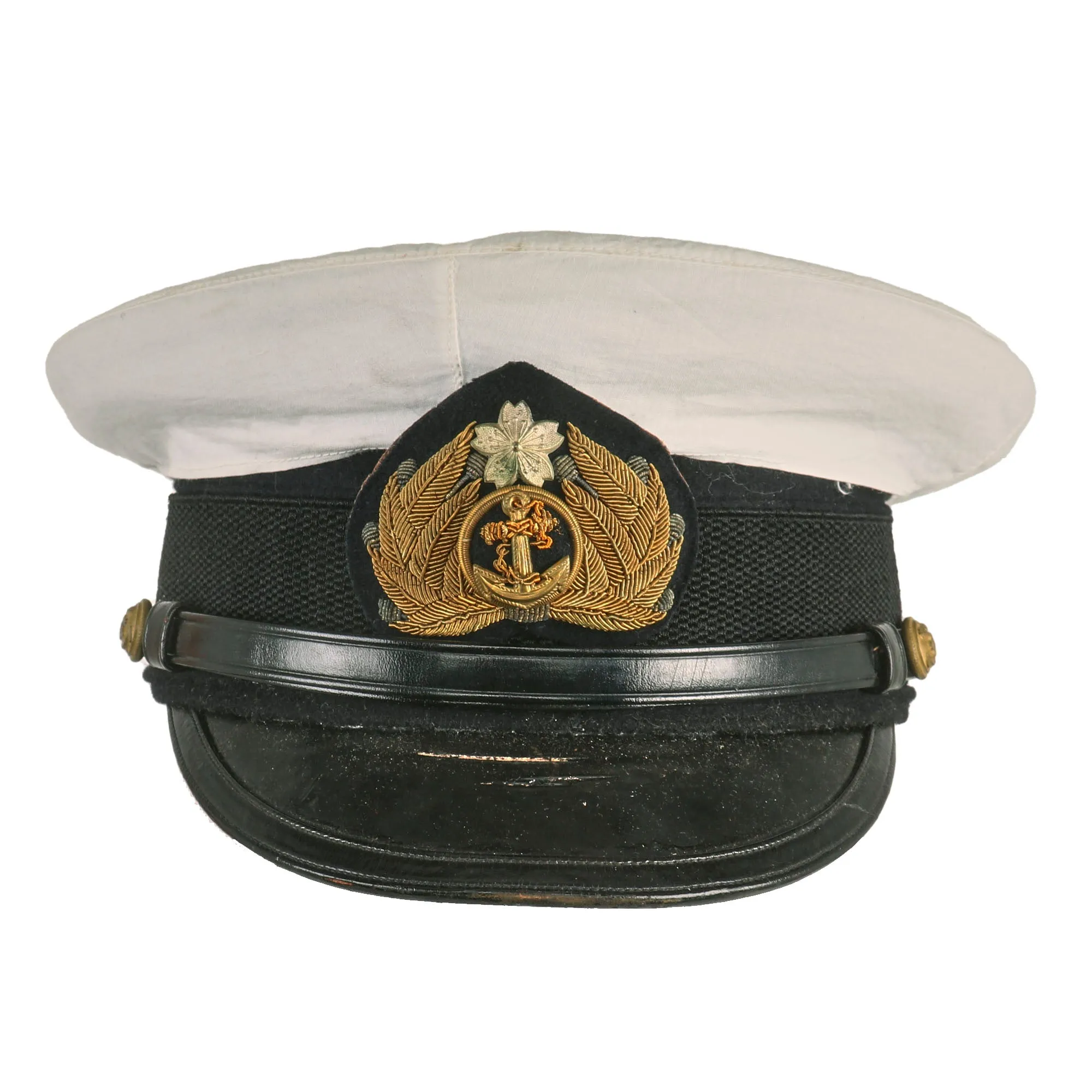 Original WWII Imperial Japanese Navy IJN Officer Visor Cap with White Cover in Vulcanized Fiber Transit Carry Case - Named To Naval Officer Mizuhata