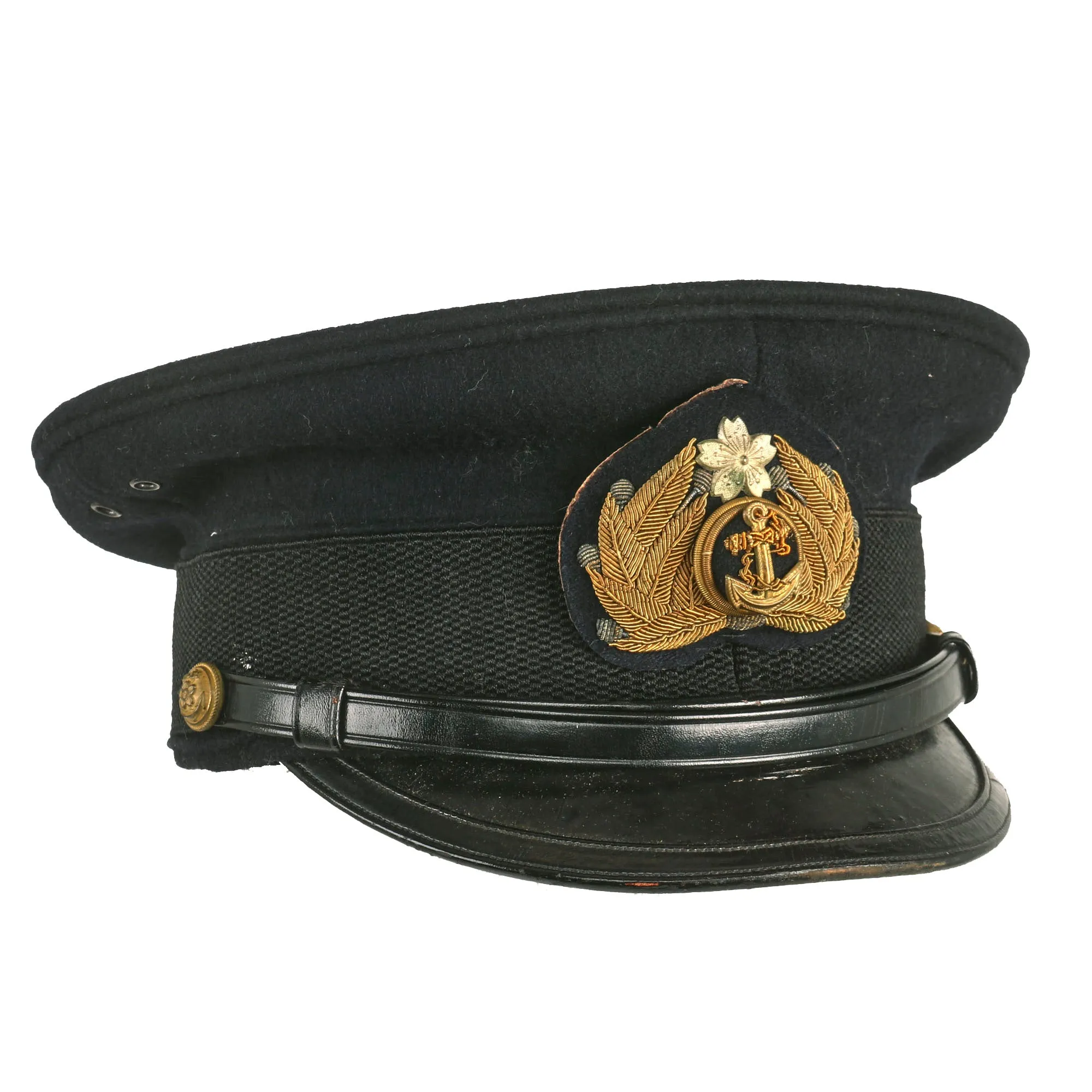 Original WWII Imperial Japanese Navy IJN Officer Visor Cap with White Cover in Vulcanized Fiber Transit Carry Case - Named To Naval Officer Mizuhata