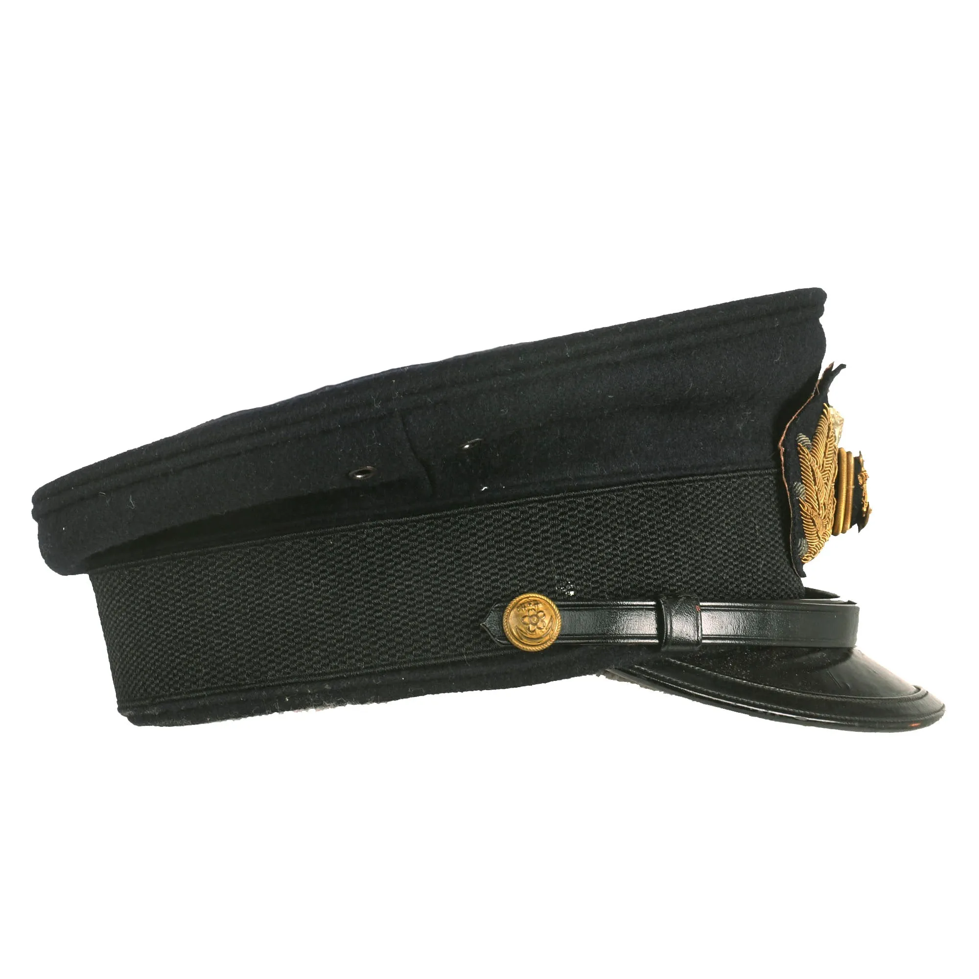 Original WWII Imperial Japanese Navy IJN Officer Visor Cap with White Cover in Vulcanized Fiber Transit Carry Case - Named To Naval Officer Mizuhata