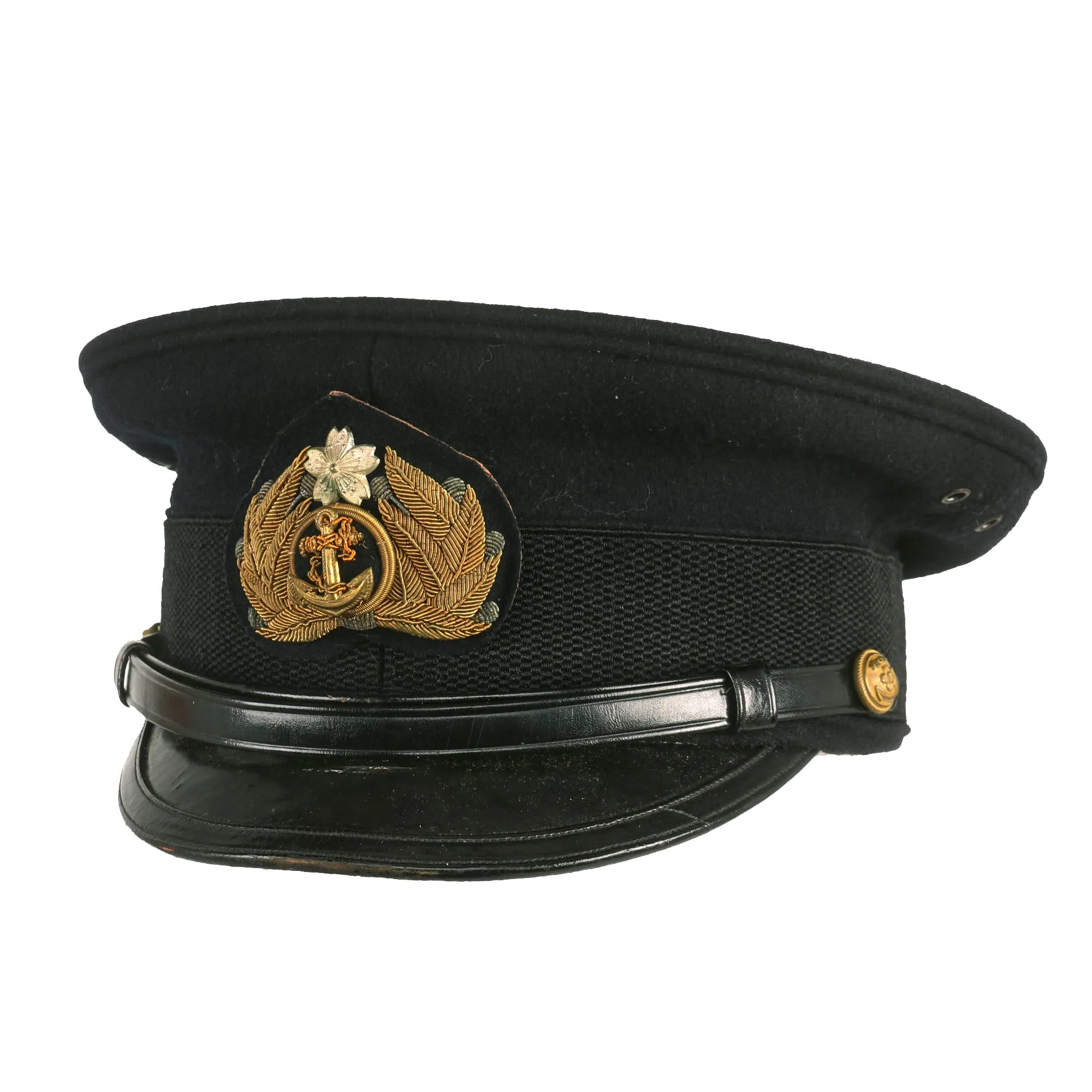 Original WWII Imperial Japanese Navy IJN Officer Visor Cap with White Cover in Vulcanized Fiber Transit Carry Case - Named To Naval Officer Mizuhata