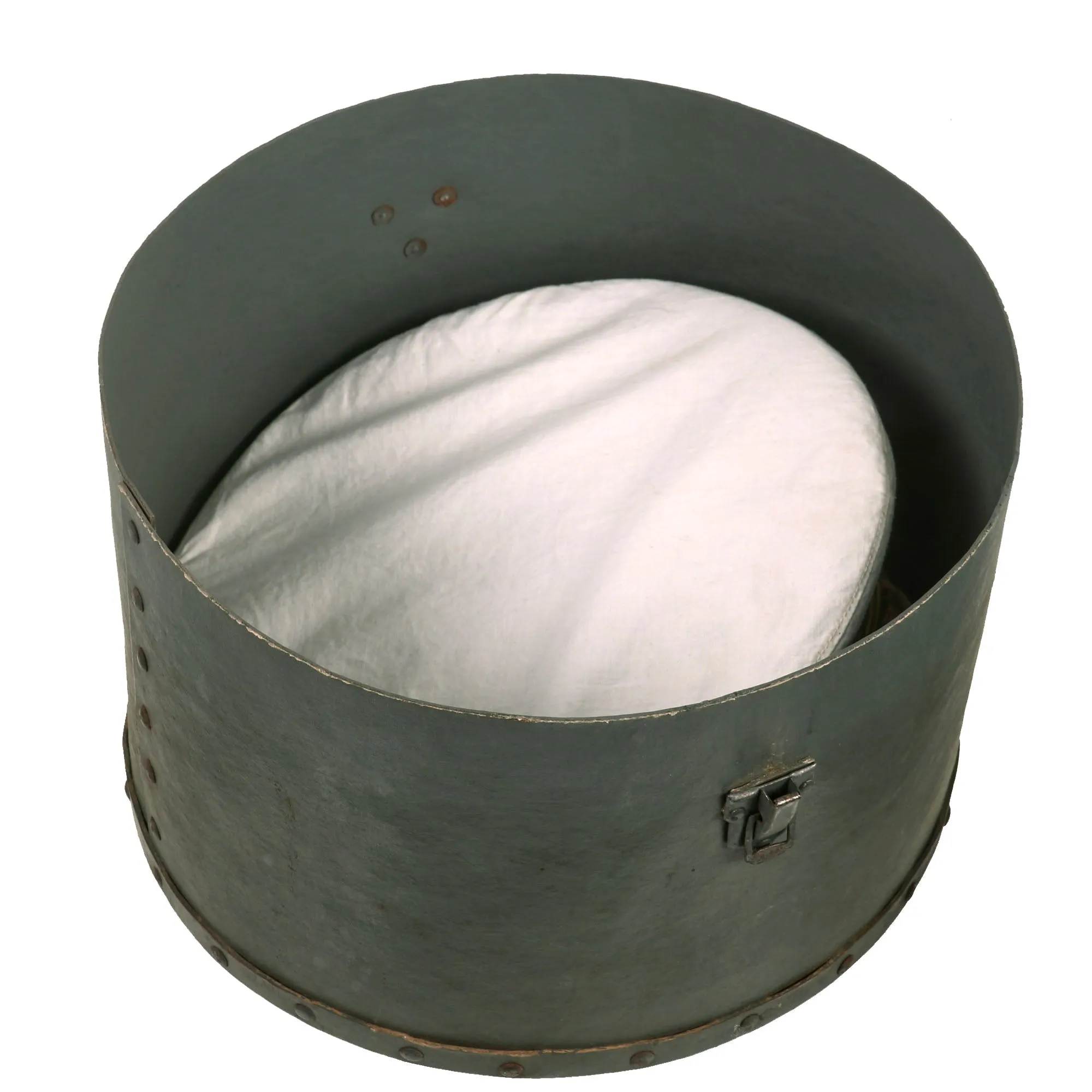 Original WWII Imperial Japanese Navy IJN Officer Visor Cap with White Cover in Vulcanized Fiber Transit Carry Case - Named To Naval Officer Mizuhata