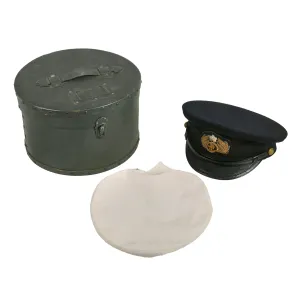 Original WWII Imperial Japanese Navy IJN Officer Visor Cap with White Cover in Vulcanized Fiber Transit Carry Case - Named To Naval Officer Mizuhata