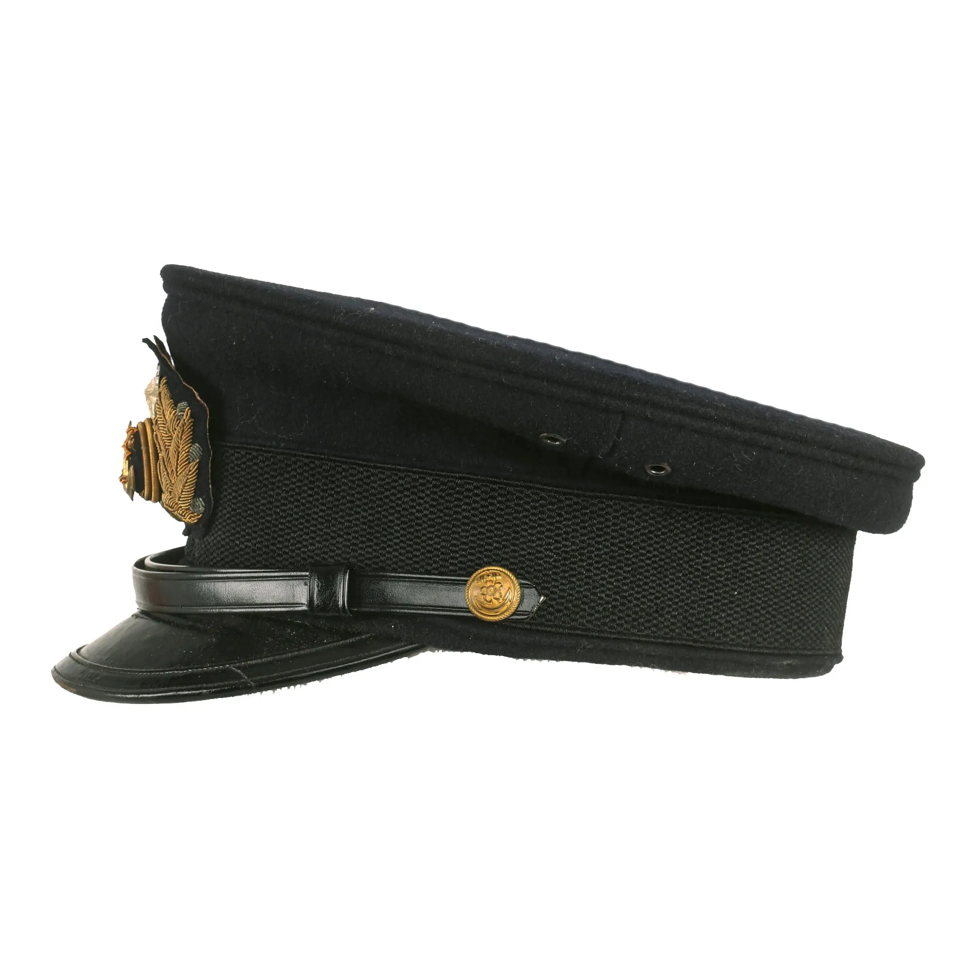 Original WWII Imperial Japanese Navy IJN Officer Visor Cap with White Cover in Vulcanized Fiber Transit Carry Case - Named To Naval Officer Mizuhata