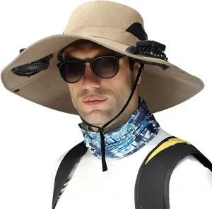 Outdoor Wide Brim Sun Hat with 2 Solar Fan - 2025 Sun Bucket Hat for Men&Women, UPF 50  Bucket Fishing Beach Hat Fan Built in