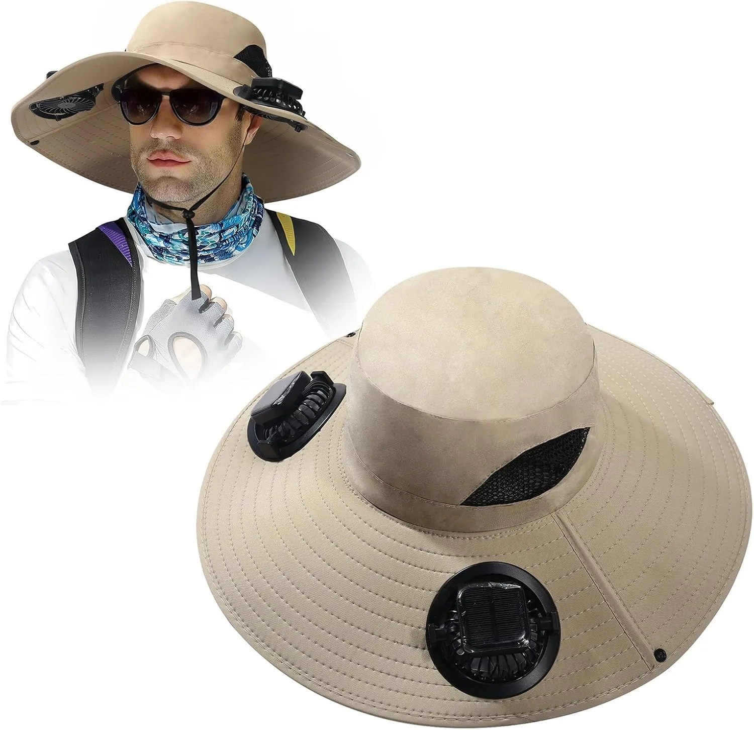 Outdoor Wide Brim Sun Hat with 2 Solar Fan - 2025 Sun Bucket Hat for Men&Women, UPF 50  Bucket Fishing Beach Hat Fan Built in